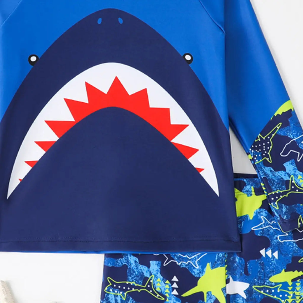 Boys Blue Shark Face Printed T-Shirt With Shorts Swimwear Set Beachwear