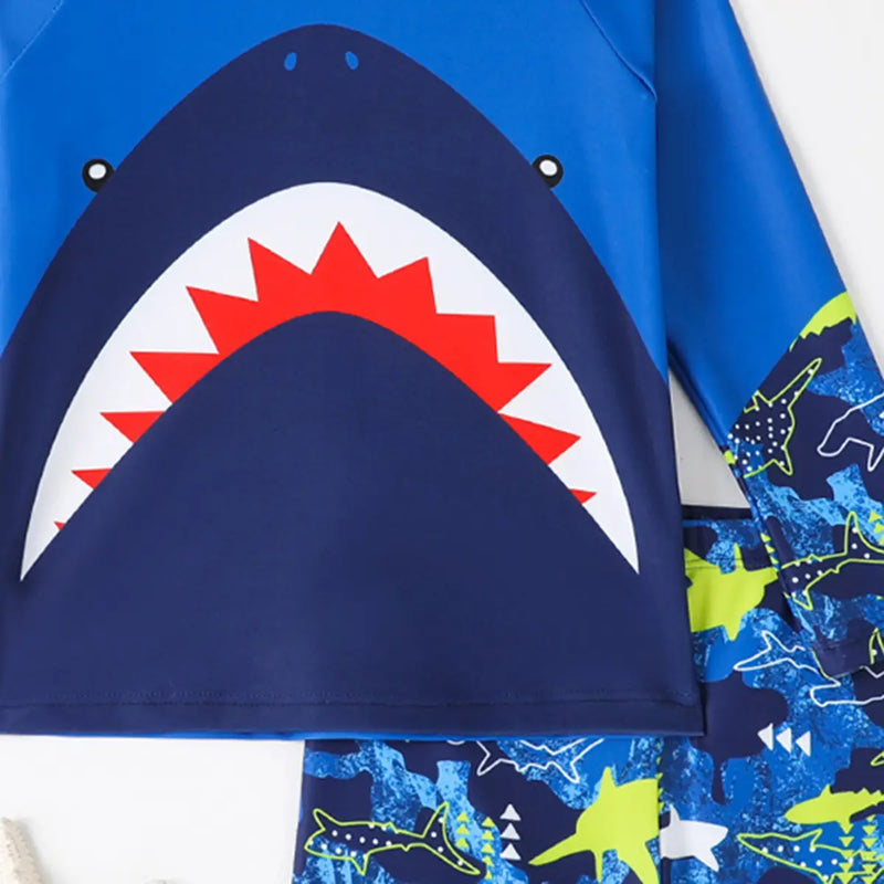 Boys Blue Shark Face Printed T-Shirt With Shorts Swimwear Set Beachwear