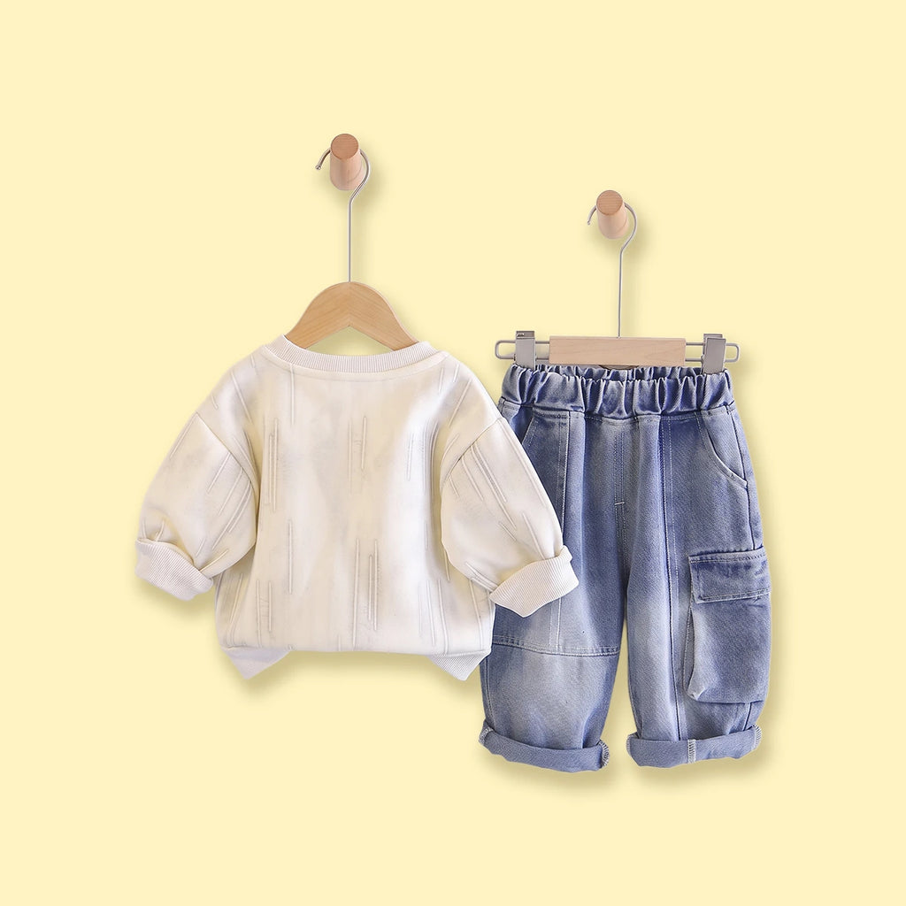 Boys Off White Typography Sweatshirt With Denim Pants Sets 2 pc. Sets