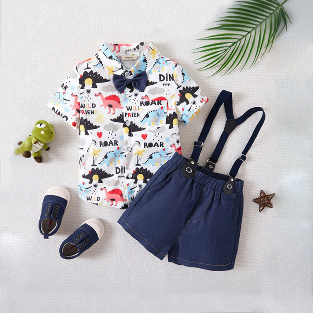 Boys Multicolor Dinosaur Printed Shirt With Suspender Shorts Set 2 pc. Sets