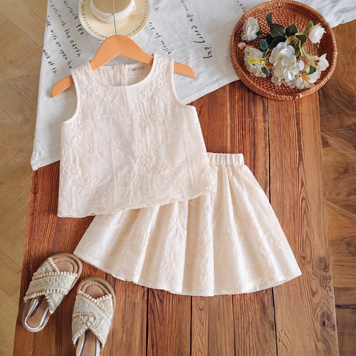 Girls Apricot Sleeveless Floral Embroidered Top With Skirt Sets 2 pc. Sets Apricot 3-4 Y