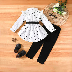 Girls White Heart Printed High-Low Long Sleeves Shirt With Pants Set 2 pc. Sets