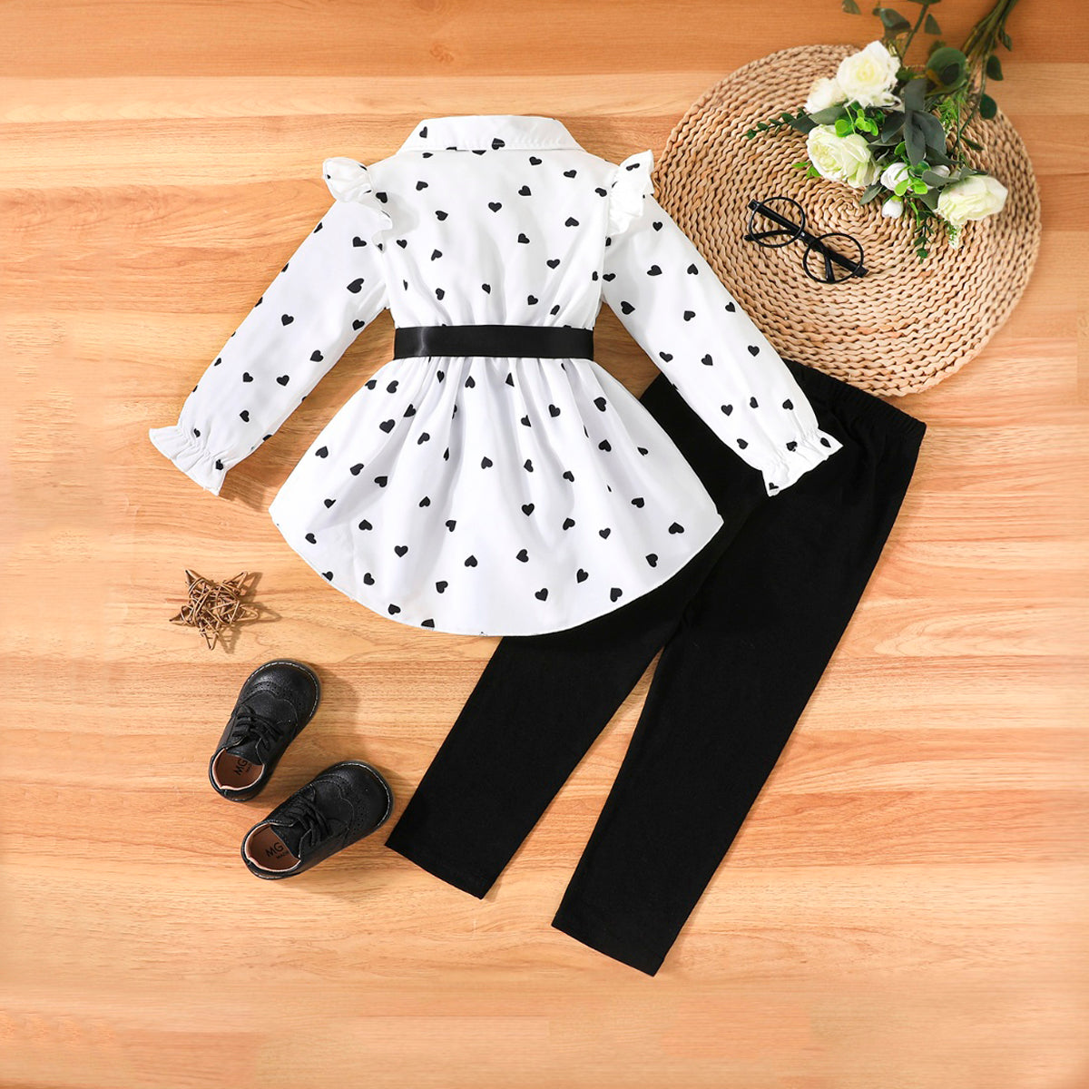 Girls White Heart Printed High-Low Long Sleeves Shirt With Pants Set 2 pc. Sets