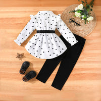 Girls White Heart Printed High-Low Long Sleeves Shirt With Pants Set 2 pc. Sets