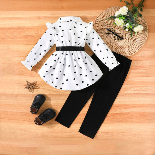 Girls White Heart Printed High-Low Long Sleeves Shirt With Pants Set 2 pc. Sets