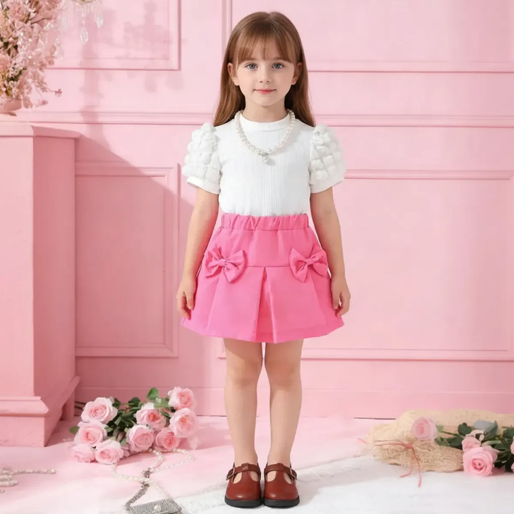 Girls White Puff Sleeves Top With Pleated Skirt Sets Sets