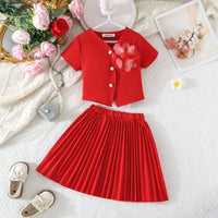 Girls Red Flower Applique Short Sleeves Top With Pleated Skirts Co-ord Sets Sets Red 2-3 Y