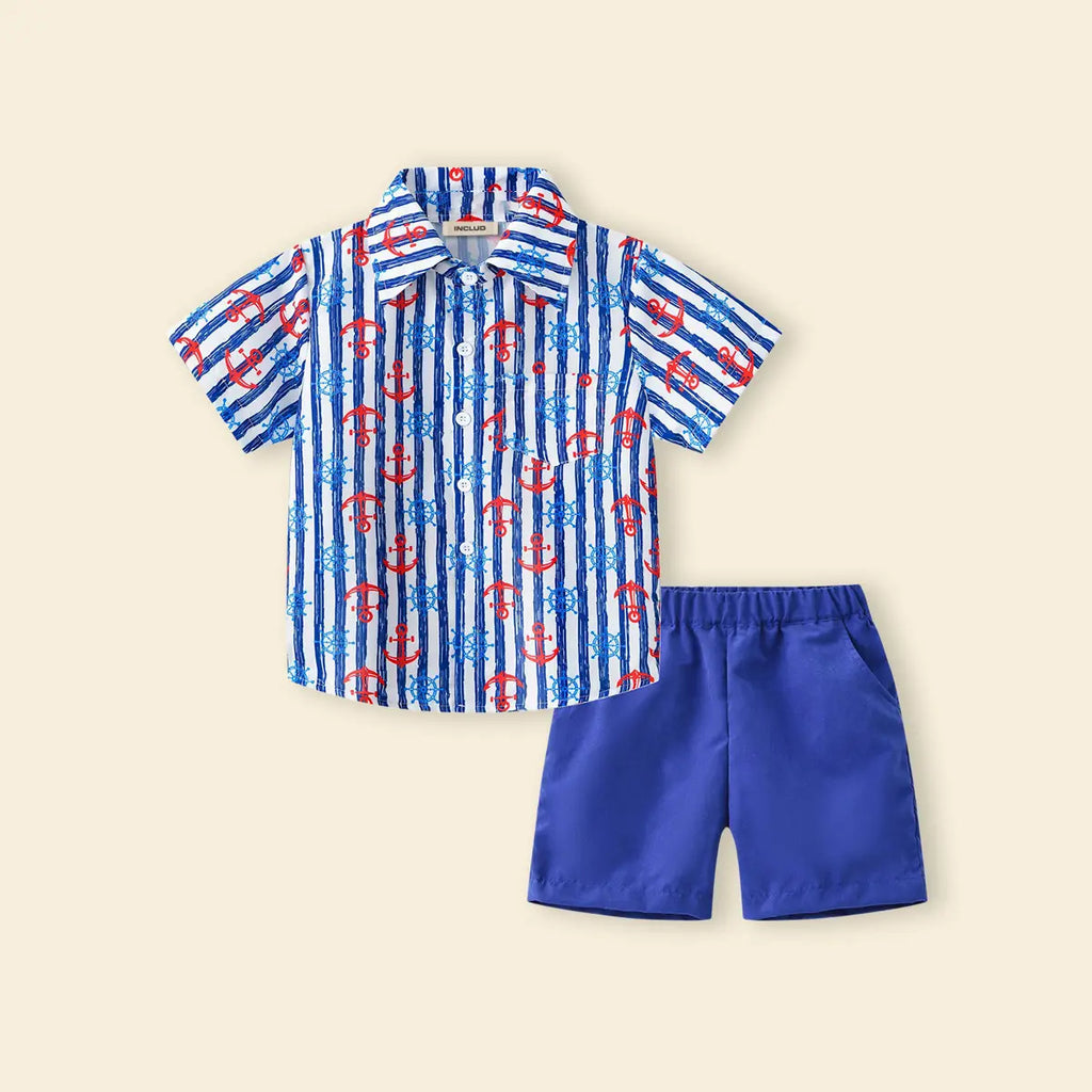 Boys Blue Stripes Short Sleeves Shirt With Shorts Set Sets