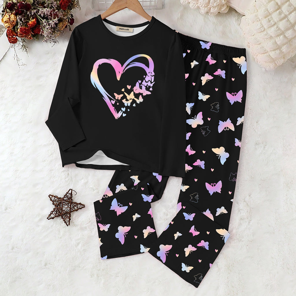 Girls Black Heart Printed Glow in the Dark T-Shirt & Pajama Winter Set 2 pc. Sets