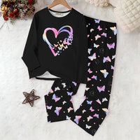 Girls Black Heart Printed Glow in the Dark T-Shirt & Pajama Winter Set 2 pc. Sets