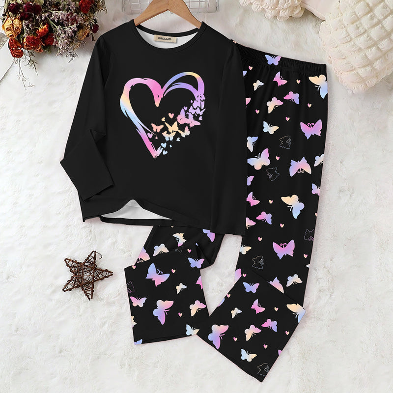 Girls Black Heart Printed Glow in the Dark T-Shirt & Pajama Winter Set 2 pc. Sets