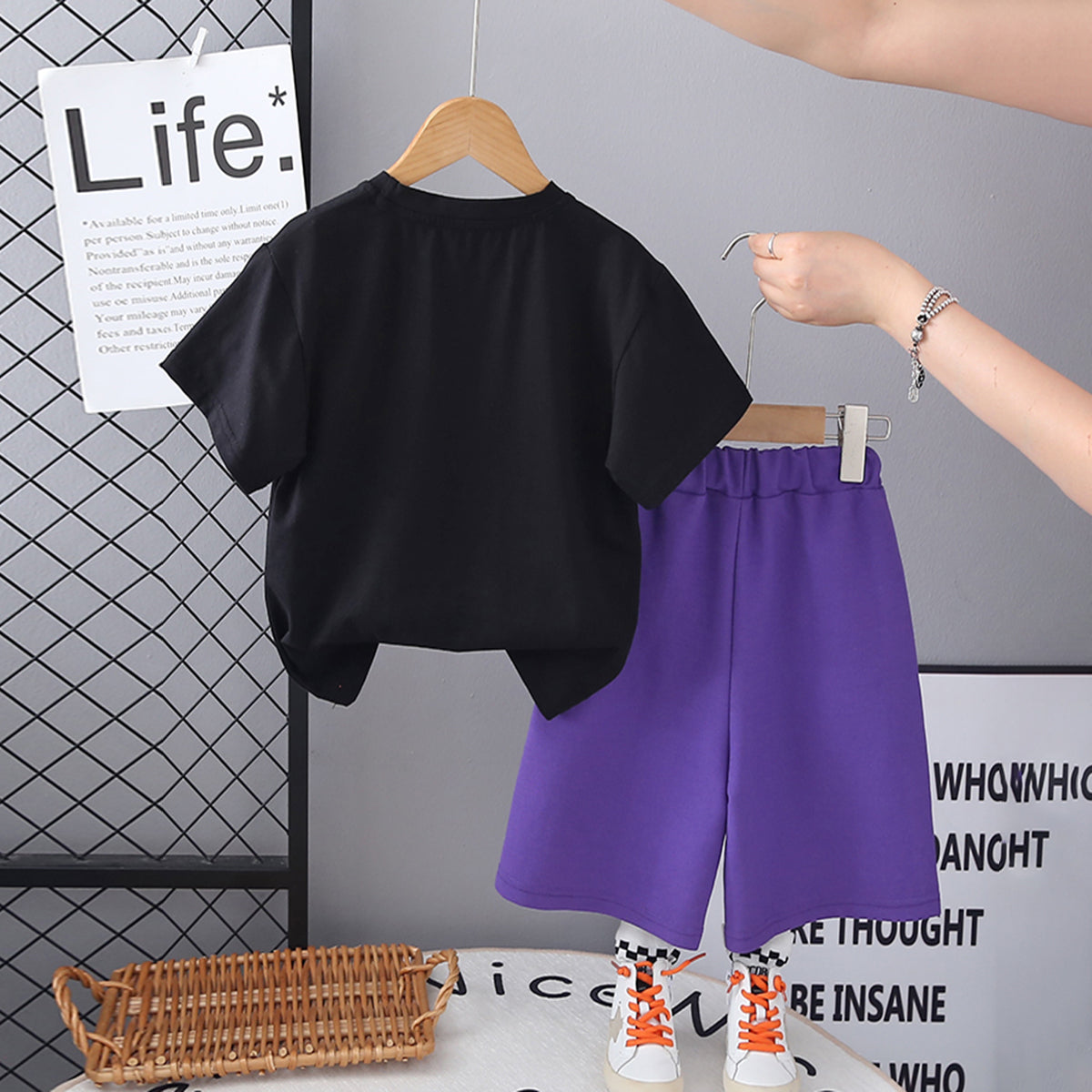 Boys Black Typographic Printed Short Sleeves T-Shirt With Purple Shorts Set 2 pc. Sets