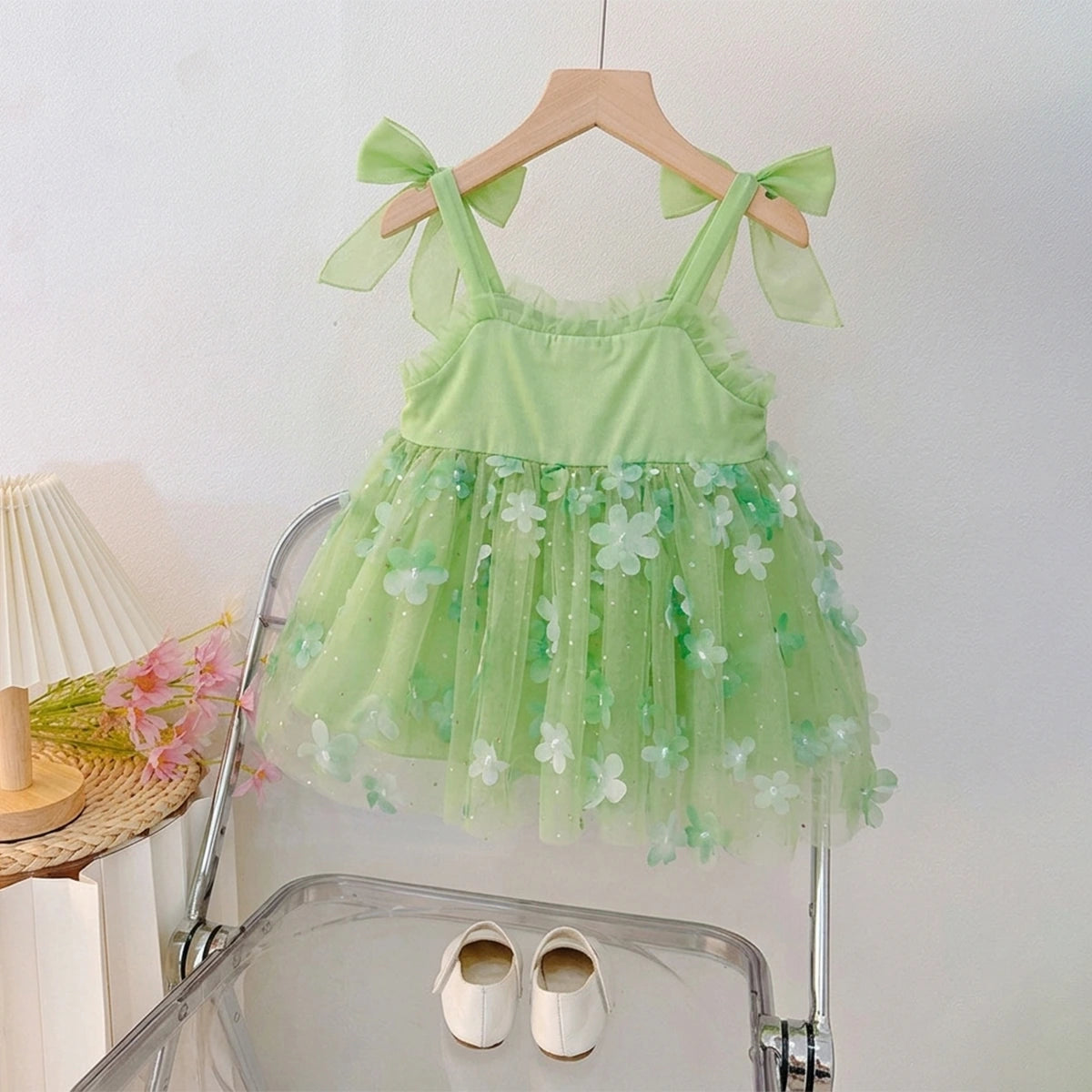Girls Green Floral Applique Fit & Flare Party Dress Party Dresses