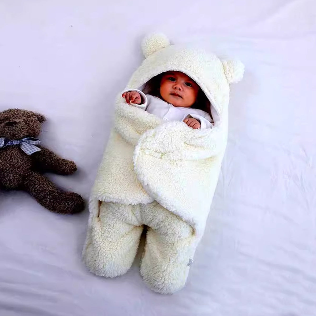 Baby White Bear-Ear Hooded Plush Swaddle Trending Accessories White S