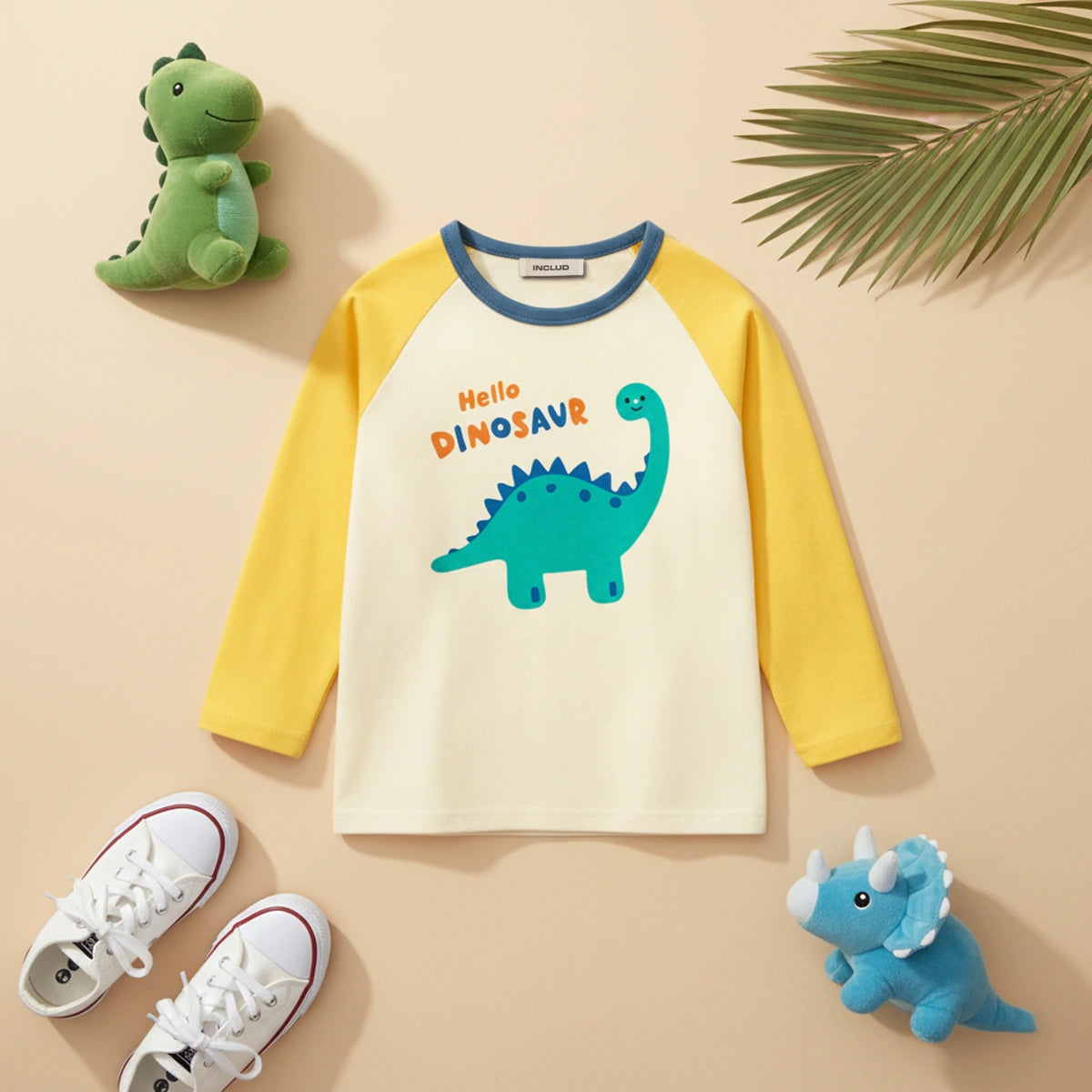 Boys Cream Dinosaur Printed Long Sleeves T-Shirt Tshirts Cream 1-2 Y