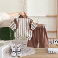 Boys Brown Striped Contrast Collared Polo T-Shirt With Shorts Set 2 pc. Sets