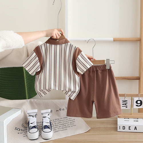 Boys Brown Striped Contrast Collared Polo T-Shirt With Shorts Set 2 pc. Sets