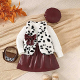 Girls Long Sleeve T-Shirt With Faux Fur Vest & Brown Faux Leather Skirt & Hat Sets