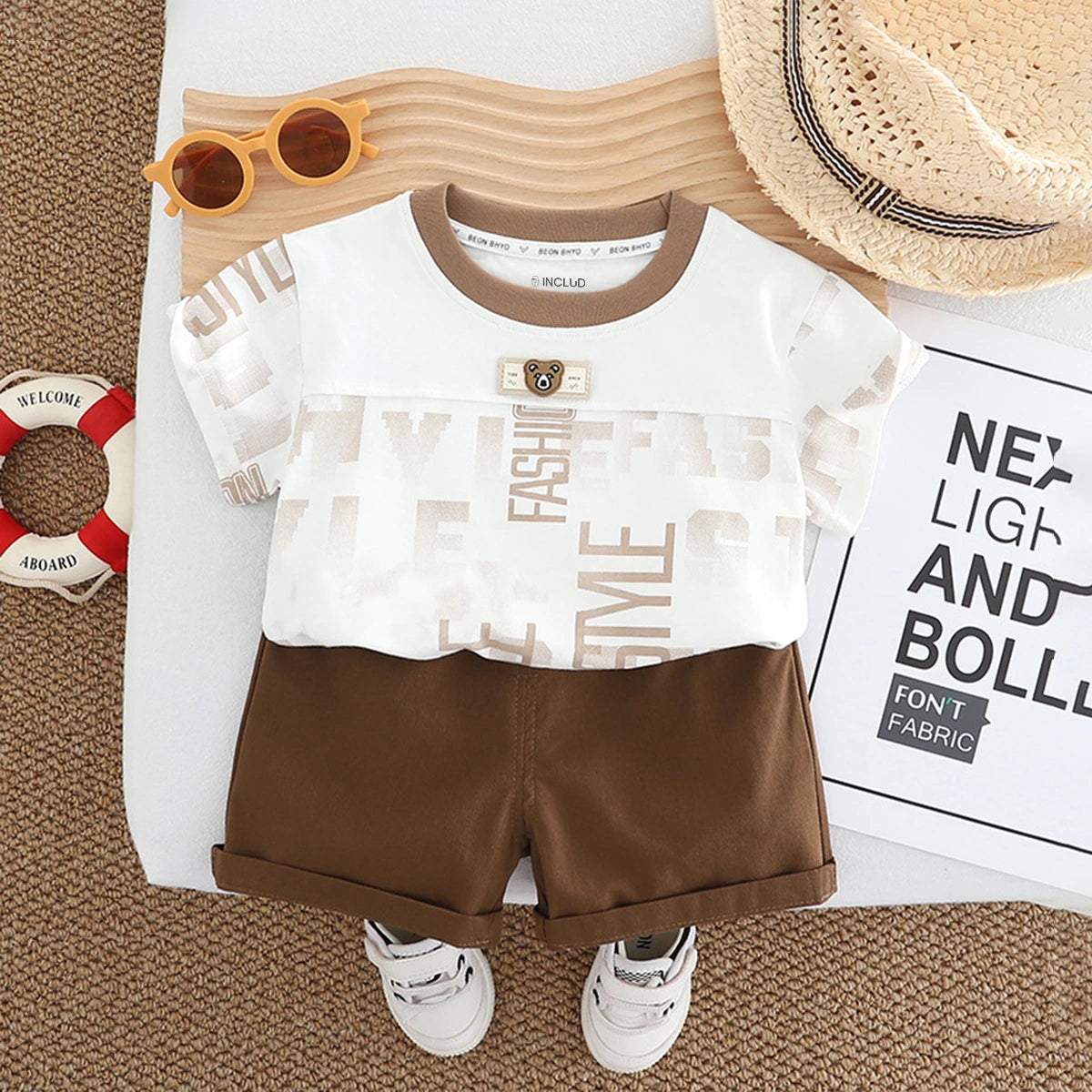 Boys Brown Typographic Printed Short Sleeve T-Shirt With Shorts Sets 2 pc. Sets Brown 1-2 Y