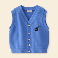 Boys Light Blue Self-Design Sleeveless Knitted Cardigan Sweaters & Cardigans