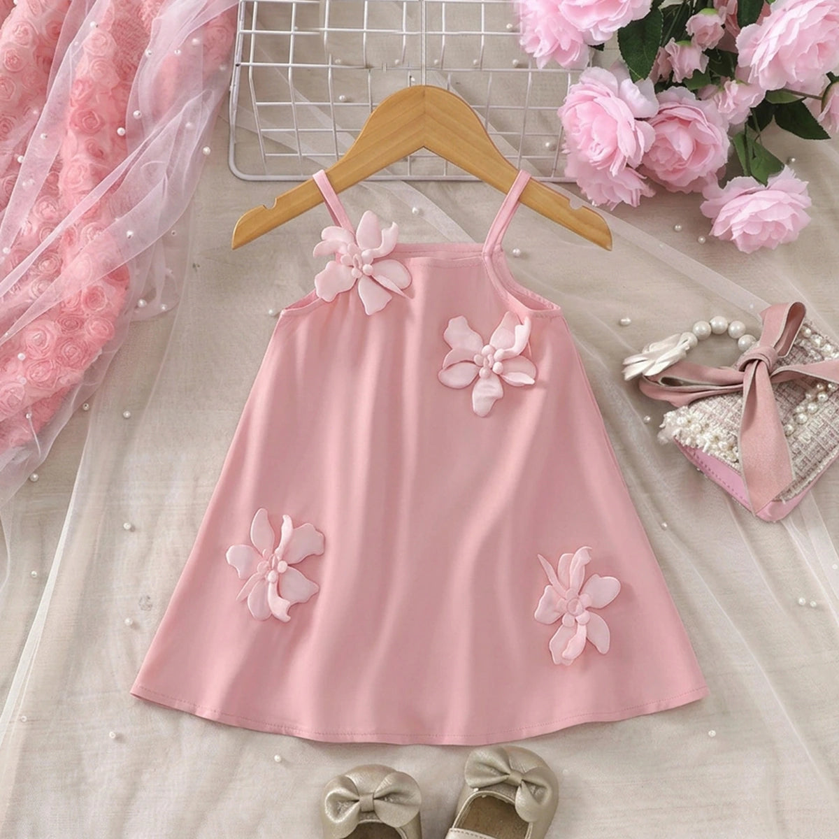 Girls Pink Sleeveless Floral Applique A-line Dress Casual Dresses Pink 1-2 Y
