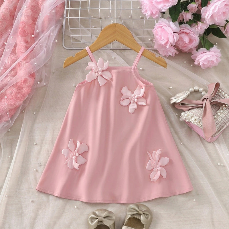 Girls Pink Sleeveless Floral Applique A-line Dress Casual Dresses Pink 1-2 Y