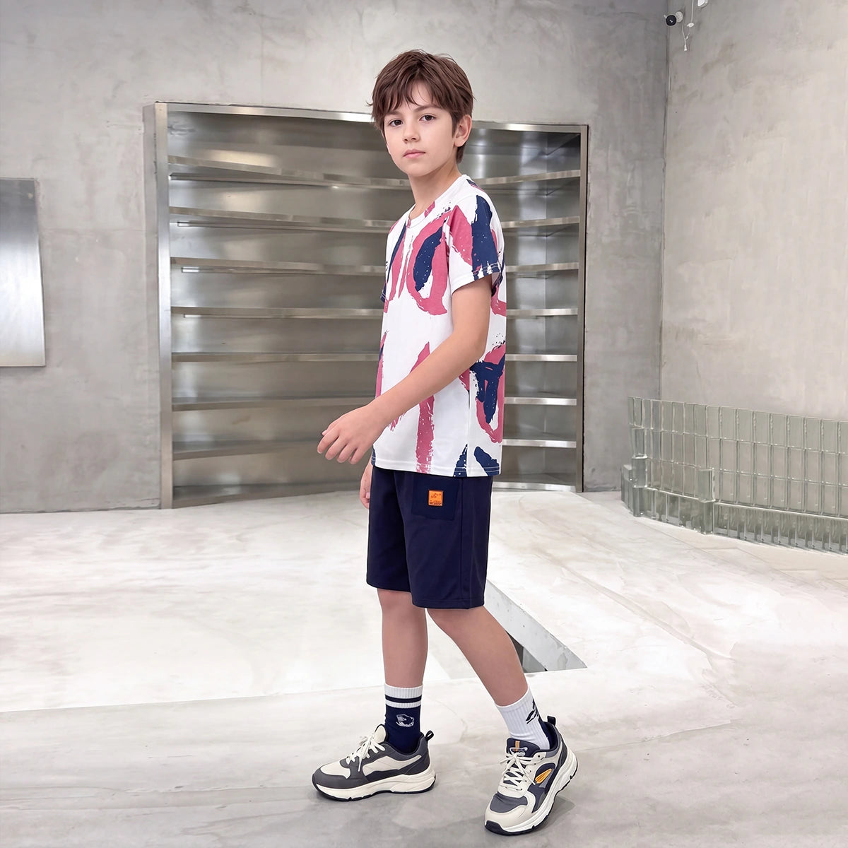 Boys White Abstract Graphic T-Shirt With Shorts Sets Sets