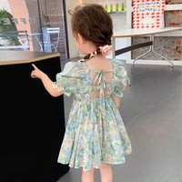 Girls Green Floral Print Puff Sleeve Fit & Flare Dress Casual Dresses
