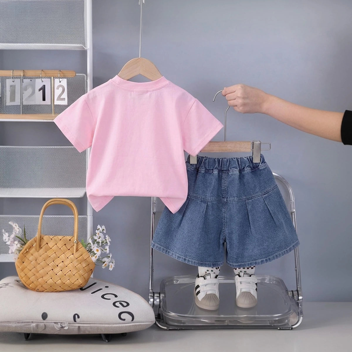 Girls Light Pink Cherry Bow Embellished T-Shirt With Denim Shorts Sets 2 pc. Sets