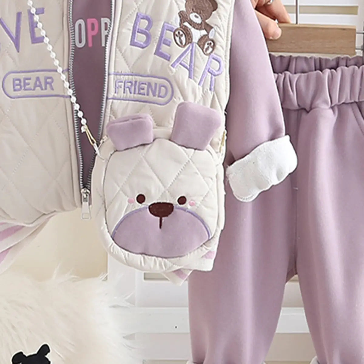 Girls Purple Embroidered Regular Sweatshirt With Sleeveless Jacket, Pants & Bag Sets 4 pc. Sets