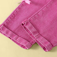 Girls Fuchsia Denim Bow Applique Dungaree Jumpsuits