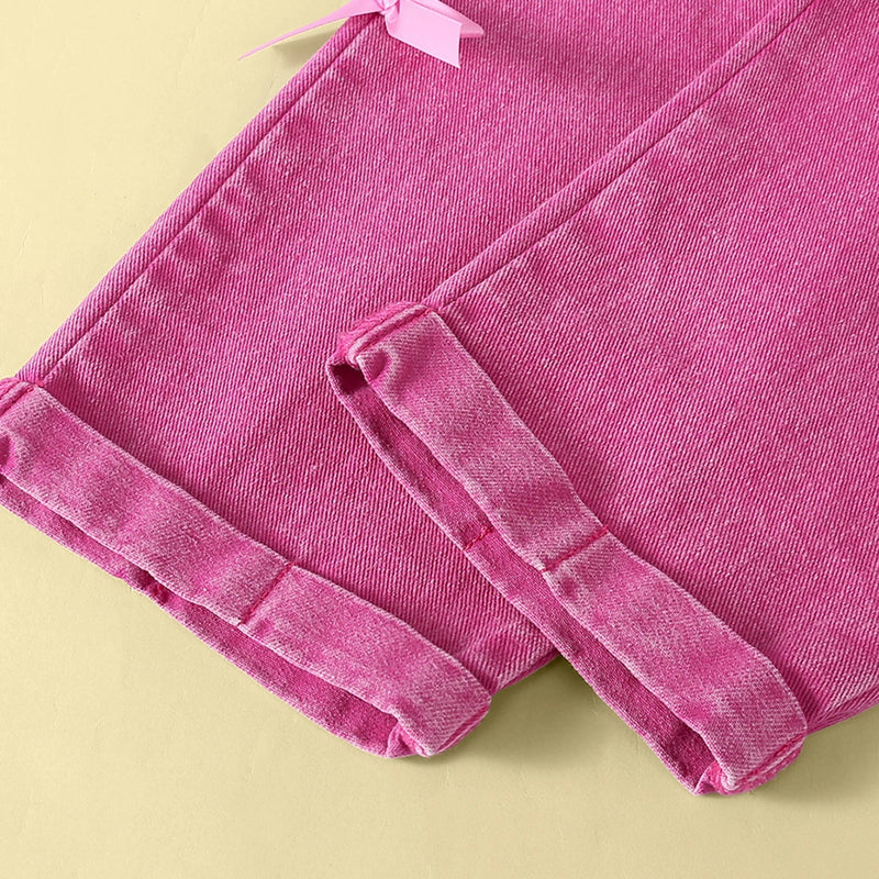 Girls Fuchsia Denim Bow Applique Dungaree Jumpsuits
