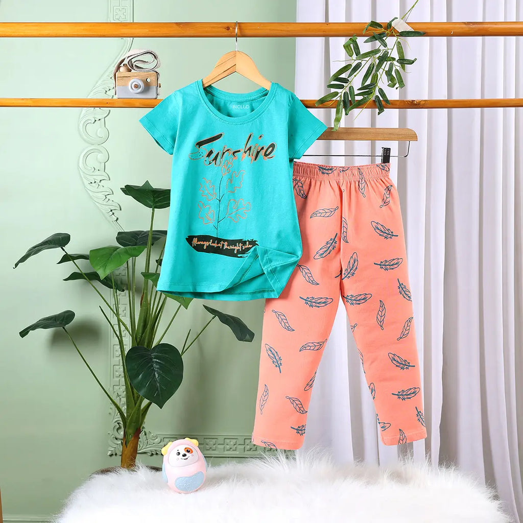 Girls Sea Green Graphic Printed Short Sleeve T-shirts With Elasticated Legging Sets Sets Sea Green 2-3 Y