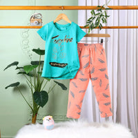 Girls Sea Green Graphic Printed Short Sleeve T-shirts With Elasticated Legging Sets Sets Sea Green 2-3 Y
