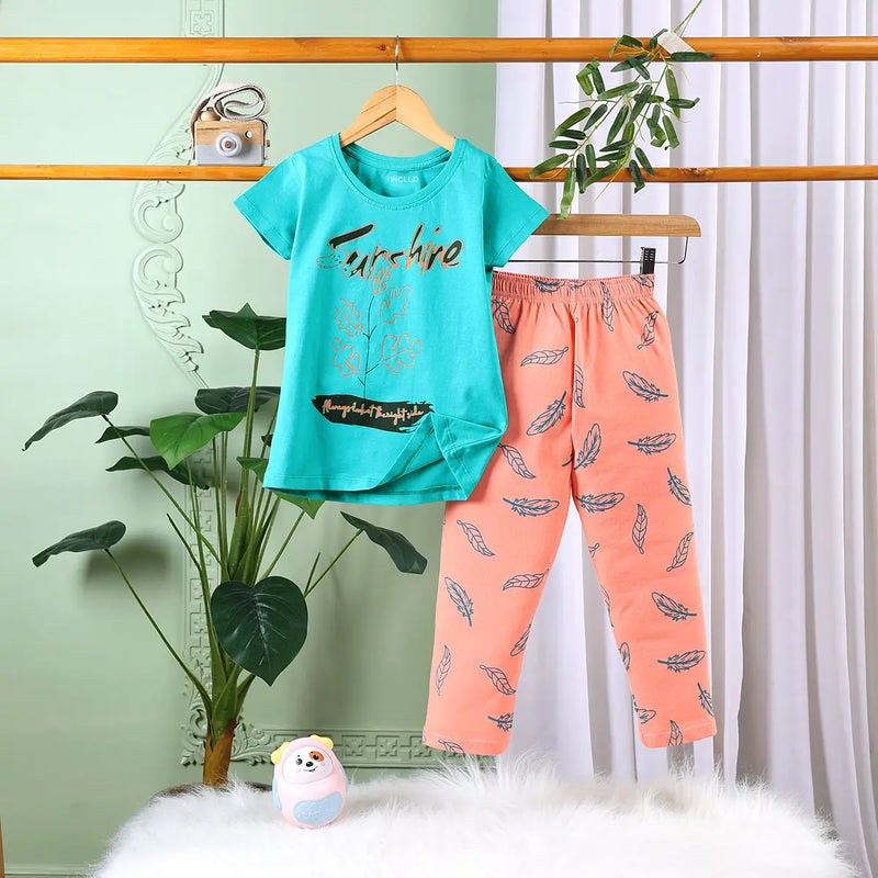 Girls Sea Green Graphic Printed Short Sleeve T-shirts With Elasticated Legging Sets Sets Sea Green 2-3 Y