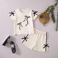 Girls Cream Bow Applique Short Sleeve T-Shirt With Shorts Sets 2 pc. Sets Cream 3-4 Y