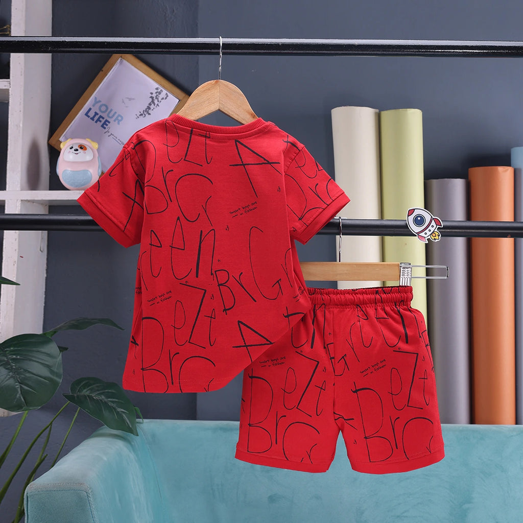 Boys Red Astronaut Graphic Short Sleeve T-shirt With Drawstring Shorts And Bag Sets Sets