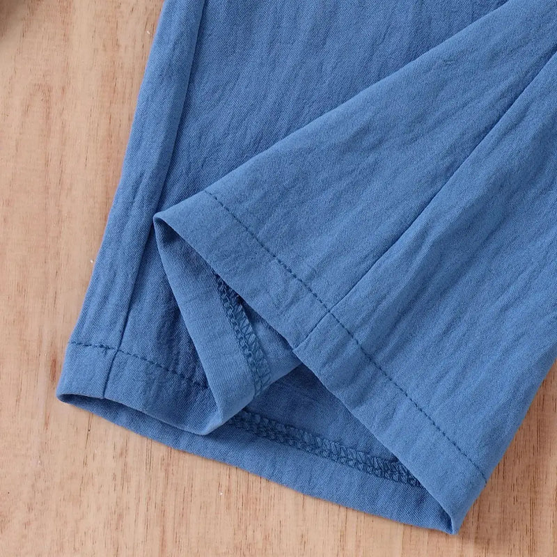 Girls Blue Short Sleeves Smocked Top With Wide-leg Pants Sets Sets