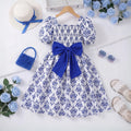 Girls Blue Damask Print Smocked Fit & Flare Dress Casual Dresses Blue 7-8 Y
