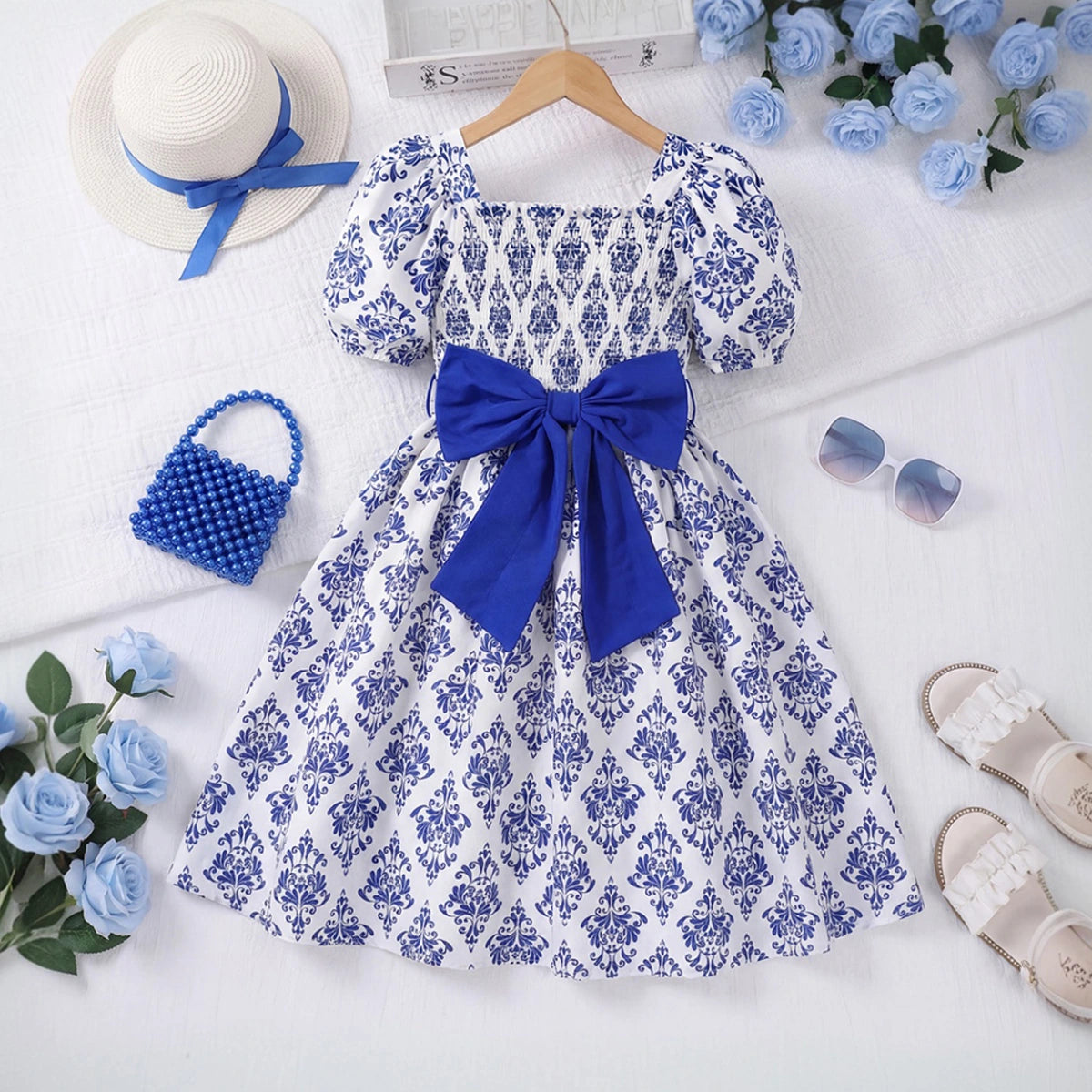 Girls Blue Damask Print Smocked Fit & Flare Dress Casual Dresses Blue 7-8 Y