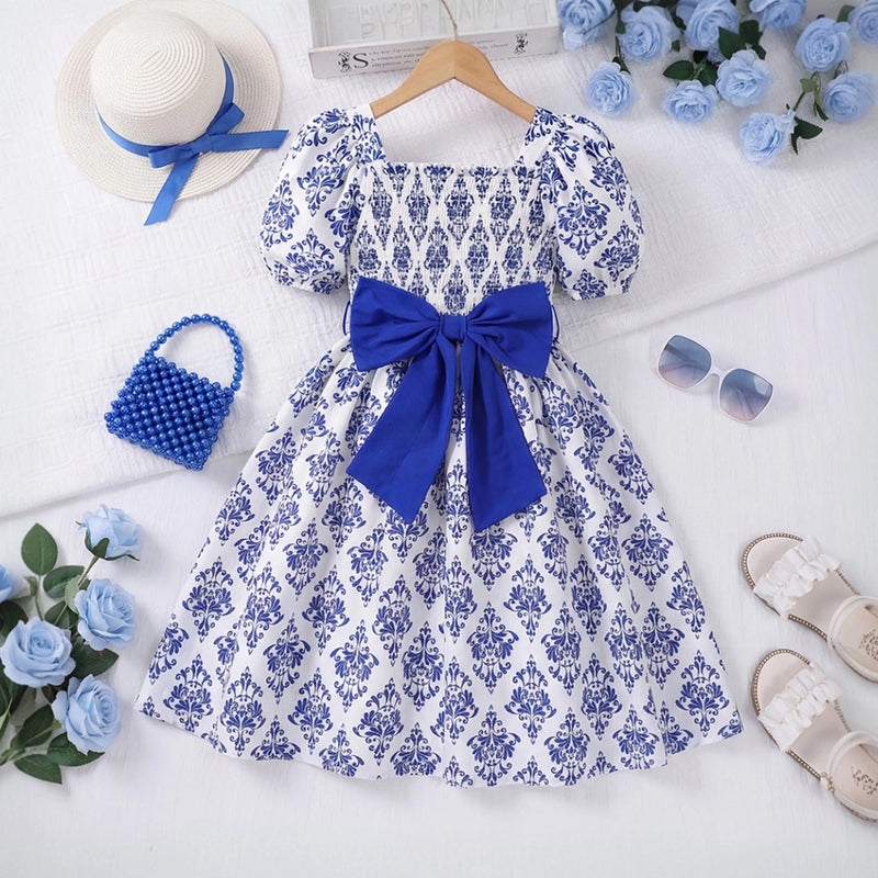 Girls Blue Damask Print Smocked Fit & Flare Dress Casual Dresses Blue 7-8 Y
