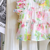 Girls Floral Printed Ruffle Peplum Top with Off-White Pleated Wide-Leg Pants Sets 2 pc. Sets