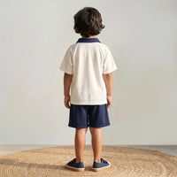 Boys Cream Typography Print Polo T-Shirt With Shorts Sets 2 pc. Sets