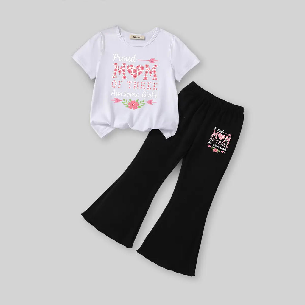 Girls White Typographic Printed T-Shirt With Flared Pants Sets Sets