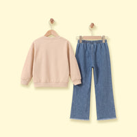 Girls Beige Bow Applique Sweatshirt With Denim Pants Sets 2 pc. Sets