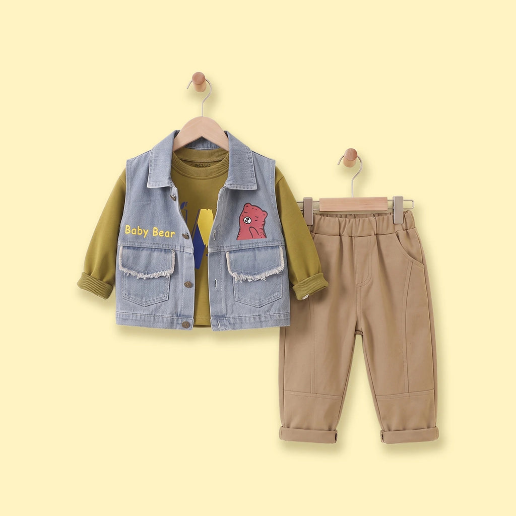 Boys Light Blue Denim Graphic Sleeveless Jacket With Sweatshirt& Pants Sets Sets Light Blue 1-2 Y