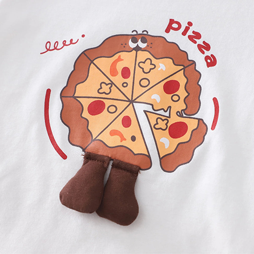 Boys White Pizza Printed Short Sleeves T-Shirt With Stripes Shorts Set Sets