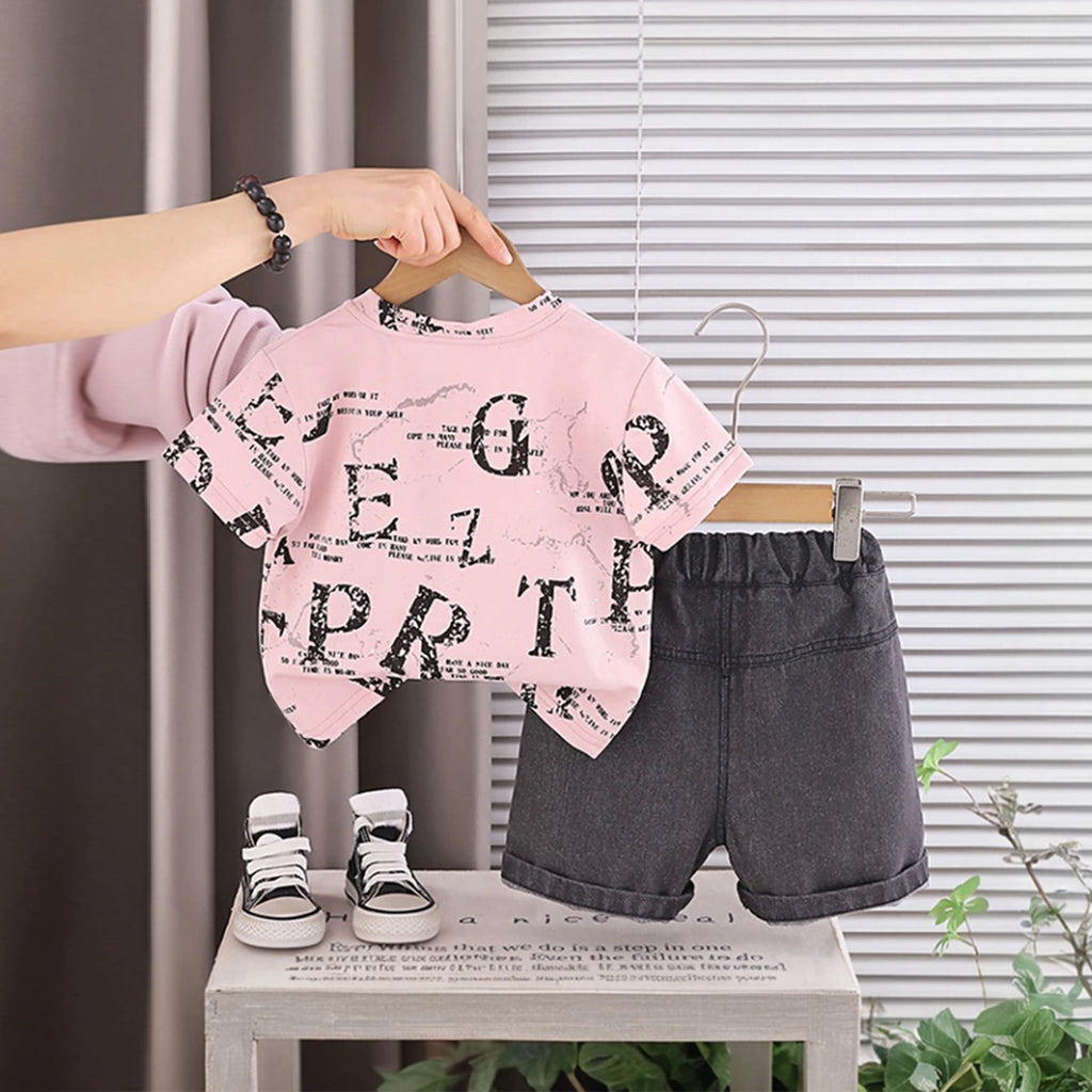 Boys Pink Typographic Printed Short Sleeve T-Shirt With Denim Shorts Sets 2 pc. Sets