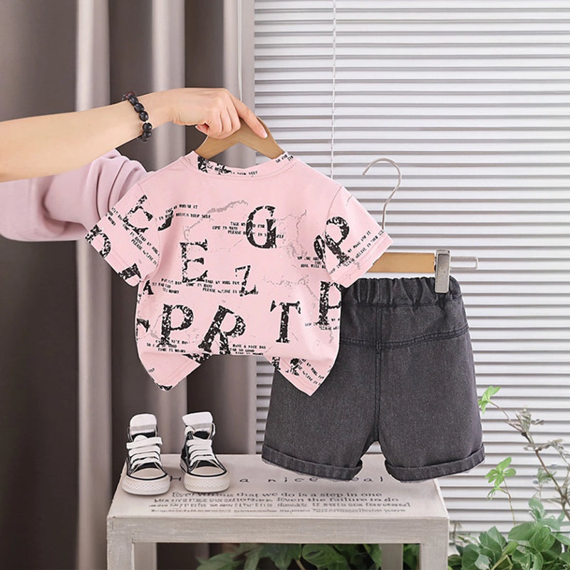 Boys Pink Typographic Printed Short Sleeve T-Shirt With Denim Shorts Sets 2 pc. Sets