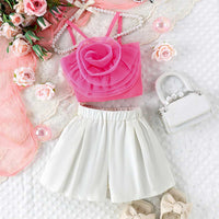 Girls Flower Applique Camisole Top With Shorts Set Sets Fuchsia 4-5 Y
